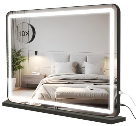 Buildonely Hollywood Schminkspiegel mit Beleuchtung, 80x55cm Schminkspiegel mit LED Licht Dimmbare 3 Lichtmodi, Groß Spiegel mit Touch Control, Tischplatte oder Wandhalterung, Schwarz