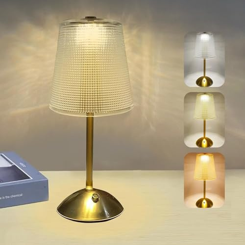 Starnearby Tischlampe Kabellos, Tischlampe Vintage, LED Akku Tischleuchte, 3 Farben Dimmbare Touch Control Nachttischlampe, Goldene kleine Tischlampe für Restaurant, Schlafzimmer, Büro (Gold B)