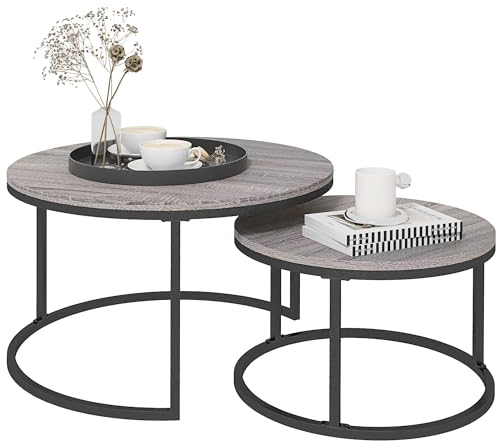HOMCOM Round Nesting Coffee Table Set of 2, Large Stacking End Side Table with Steel Frame for Living Room, Bedroom, Home Office, 78.5 x 78.5 x 46.5 cm, Black