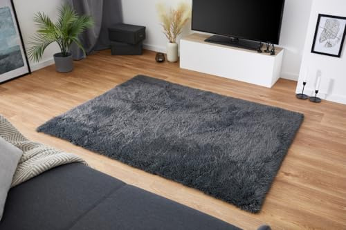 andiamo Kunstfell Teppich Alpa gemütlicher Hochfloor Wohnzimmerteppich Fellteppich 35 mm Florhöhe weich und flauschig Teppich Wohnzimmer Anthrazit 120 x 160 cm