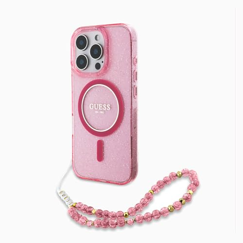 GUESS CG Mobile Phone Case Designed for iPhone 16 Pro, Durable, Shock Proof, Compatible with Magsafe, IML Glitter with Pearl Strap Case Pink