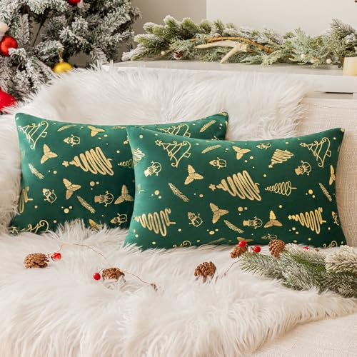 Softalker Kissenbezug 30x50 Weihnachten Grün Gold Samt 2er Set Schneemann Weihnachtsbaum Sofakissen Dekokissen Nackenkissen rechteckig Kissenhülle Weihnachtsdeko für Schlafzimmer Bettwäsche Geschenke