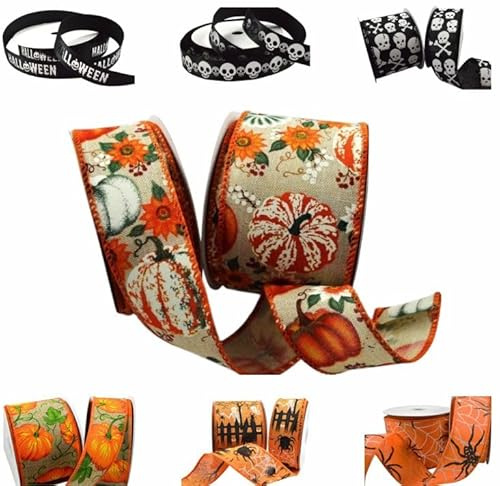 Happy Halloween Ribbon in a Range of Spooky Designs & Sizes - for Gift Wrapping, Decoration, Party Etc (Autumn Pumpkin Design, 10 Metre Roll x 63mm)