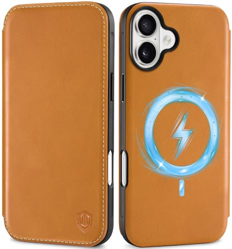 SHIELDON Case for iPhone 16 6.1, Genuine Leather Slim Folio Wallet [Magnetic Wireless Charging][RFID Blocking][Card Holder] Full Protection Flip Cover Compatible with iPhone 16 - Retro Light Brown