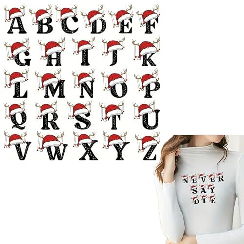 Christmas Hat Alphabet Letter Horn Iron On Transfers for T-Shirts Rub on Transfers Stickers Vinyl Ready to Press Stickers Iron on Decals for T-Shirts Clothing Hoodie DIY Crafts
