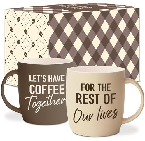 Triple Gifffted Let's Have Coffee Together Coffee Mug Set, Engagement Wedding Gifts for Couple, Bride and Groom Newlywed Bridal Shower, His and Hers, Mr and Mrs, Christmas, Valentine’s, Ceramic 13Oz