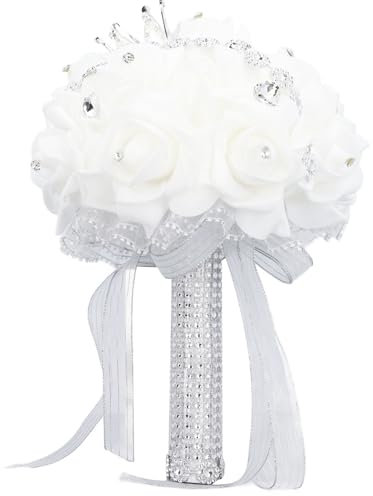 DMLENGOIN Mazzo da sposa bouquet damigelle bouquet champagne rose artificiali bianche, bouquet da sposa della festa della chiesa di fidanzamento, rose artificiale decorazione della chiesa (Argento)