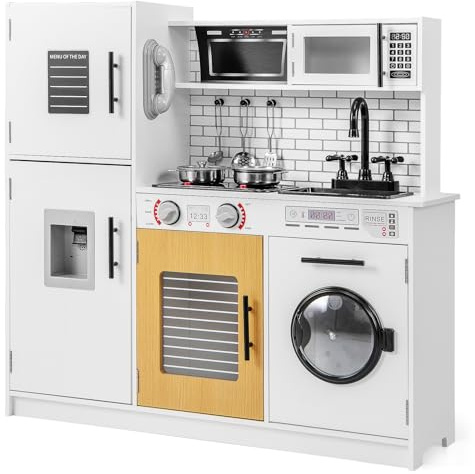 COSTWAY Cocina Juguete para Niños, Cocinita de Madera Infantil con Horno, Lavadora, Microondas, Dispensador de Agua, Teléfono, Sonidos y Luces Reales, Cocinita Infantil para Niños de 3+ Años (Blanco)