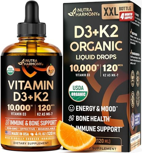 Vitamin D3 K2 USDA Organic Drops - Vitamin D3 10000 IU & K2 as MK-7 120mcg - Immune & Mood Support, Bone & Teeth Health - Sugar-Free Orange Flavor - Liquid Supplement - Made in USA - 4 FL OZ, 120 Days