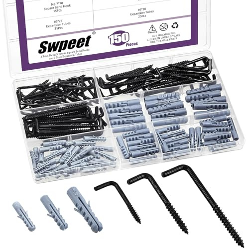 Swpeet 150 ganci quadrati a vite in metallo nero, 3 misure, con tubi di espansione, kit assortito, viti autofilettanti a forma di L, ganci ad angolo retto per appendere alla parete
