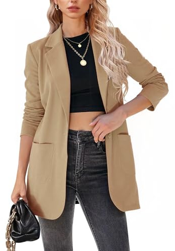 MINTLIMIT Long Blazer Jackets for Women Long Sleeve Blazer Open Front Cardigan Jacket Work Office Blazer with Pockets Khaki