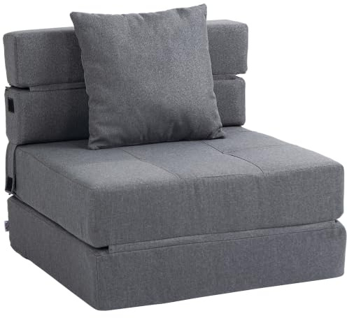 HOMCOM Divano Letto Futon Pieghevole 2 in 1 Convertibile Grigio Chiaro | Cuscino Lavabile, Pouf Letto Singolo da Terra, con Materasso, Salvaspazio, Tessuto Cotone Traspirante, Casa Yoga Lettura