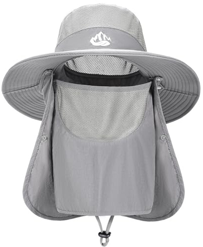 Xnova Sonnenhut Herren UPF 50+ Faltbar, Sommerhut Fischerhut Safari Hut Verstellbarer Bucket Hat mit Gesichtsbedeckung Nackenklappe für Outdoor (Grau02, Hutumfang: 55–60 cm)