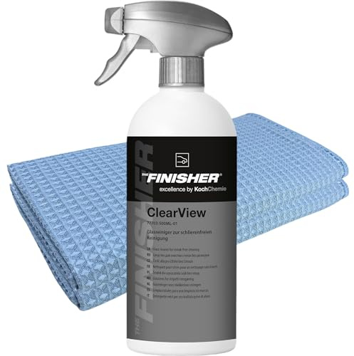 KFZ Auto Scheibenreiniger Set: The Finisher CLAR View 500 ml by Koch Chemie Glasreiniger + 2X Glastuch für die effiziente schlierenfreie Glasreinigung.