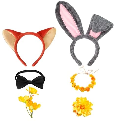RAOPNHS 6 Stück Cosplay Set, Fuchs Ohren Haarreif undd Hasenohren Haarreif, mit Blumenkranz, Fliege und Kunstblumen, Perfektes Fox Ears Kostüm Zubehör für Paare, Karneval & Mottoparty