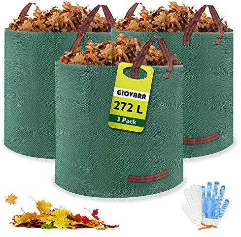 GIOVARA Gartenabfallsack pop up 3 x 272L, Laubsack für herbstlaub, Gartenabfallsack Stabil mit Griffe, Wasserdicht, faltbar, robust für Rasenschnitt, Heckenabfälle und Gartenreinigung
