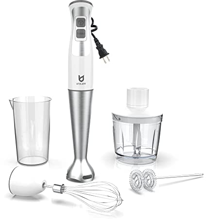 UTALENT - Juego con batidor de brazo, 5 accesorios, 8 velocidades, sin BPA; incluye picadora alimentos 500 ml, vaso 600 ml, espumador leche y varilla, ideal para preparar purés bebés, batidos