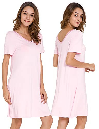 WiWi Chemises de nuit douces pour femmes, chemises de nuit à col en V, pyjama grande taille, vêtements de nuit à manches courtes, tailles S à 4X, rose, S
