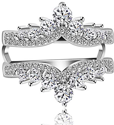 Uloveido Frauen Weißgold plattiert Filigran Vintage Krone Ehering Guard CZ Jubiläum Verlobungsring Enhancer (Größe 59)