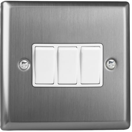 Varilight Triple Rocker Light Switch 2-Way - Classic Brushed Steel With White Rockers, XT3W