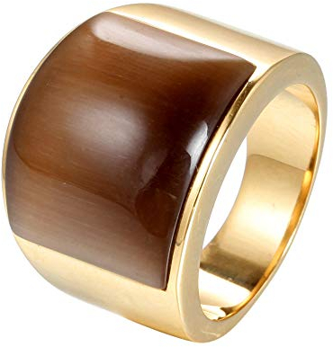 HIJONES Schmuck Damen Herren Mosaik Katzenauge Stein Edelstahl Opal Ringe Weit Gold Braun Größe 60 (19.1)