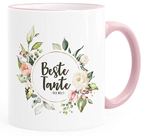 Moonworks® Kaffee-Tasse Beste Tante der Welt Geschenk Familie Blumen Kaffeetasse Teetasse Keramiktasse rim-rosa Keramik-Tasse