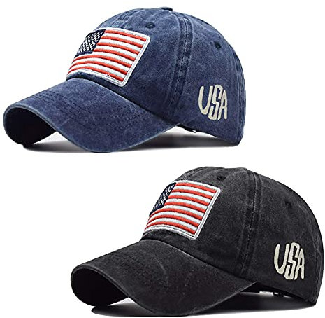 RNFENQS 2 Pack Men's American Flag Baseball Cap Adjustable Distressed USA Dad Hat - black - One size