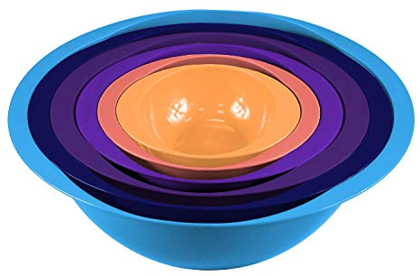 Colourful 6PC Nesting Plastic Mixing Bowls Set with Easy Grip Handles: 5.7L, 3.8L, 2.4L, 1.4L, 710ml & 295ml - Style 2