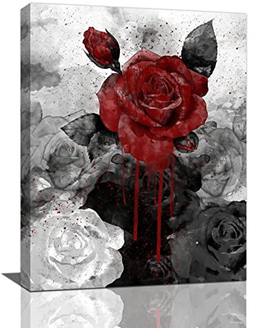Vintage-Rosengemälde auf Leinwand, Wandkunst, Retro, Schwarz und Weiß, rote Rose, Blume, Malerei, Bild, Druck, moderne Rose, Wanddekoration, florales Kunstwerk, Poster, Badezimmer, 50.8x61 cm