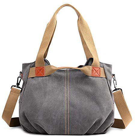 DIRRONA Casual Bolso de Mujer Moda Lienzo Bolsos Bandolera Viajes Bolso Bandolera Mujer Bolsa de Lona Trabajo Compras Bolsos Cruzados Multibolsillos Uso Diario Gris