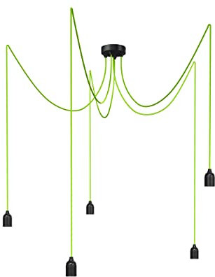 Relight Pendelleuchte 5-flammig Kraken (höhenverstellbar), E27 Lampenfassungen aus Bakelit, 5x 3 Meter Textilkabel Neon-Gelb