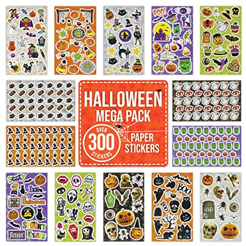 Halloween-Aufkleber über 300 Stück für Kinder, Partytütenfüller, selbstklebend, gruseliges Basteln, Scrapbook-Dekorationen für Halloween-Party – Hexe, Geist, Vampir, Spinne, Totenkopf, Fledermaus