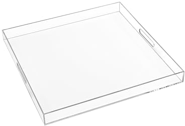 24×24 Inches Clear Acrylic Serving Tray with Handles Extra Large Ottoman Tray Decorative Trays Spill-Proof Coffee Table Space Saver Oversize Counter top Organizer Platter with Safe Edge