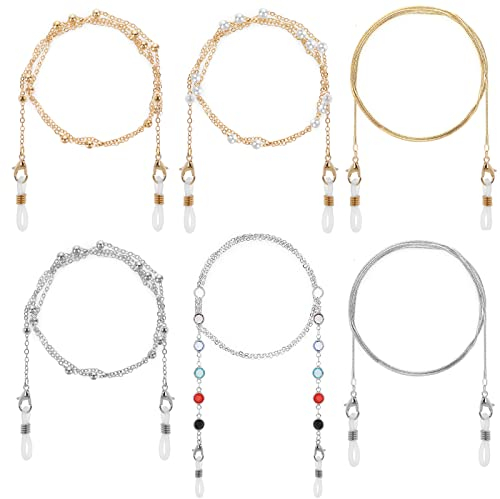 6 Stück Brillenkette, Perlen Brillen Ketten, Brillenband für Damen Herren, Mode Sonnenbrille Brillen Kette Inhaber Gläser Halskette Lesebrille Kette