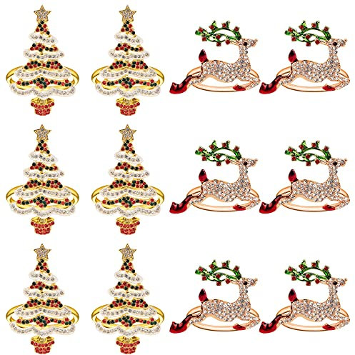 Homotte Rose Gold Christmas Napkin Rings with Bling Set of 12, Christmas Reindeer and Xmas Tree Napkin Holders for Thanksgiving Table Decorations, Banquet, Daily Receptions