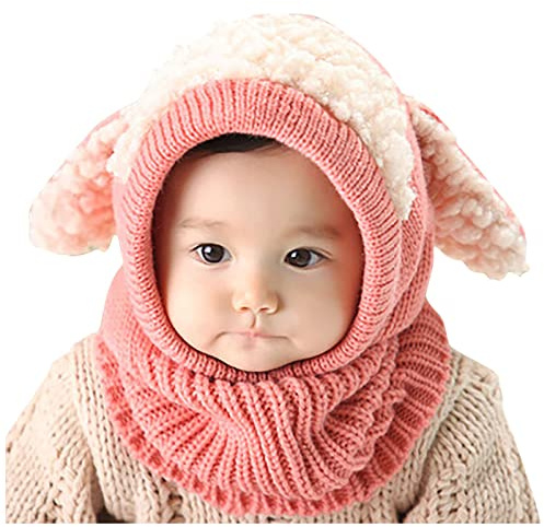 Qersh Baby Wintermütze Schal Schlupfmütze Warm Niedlich BärWintermütze Schalmütze Strickmütze mit Bommel Fleecefutter BeanieMütze Baby (S18, 2-7 Jahre alt)