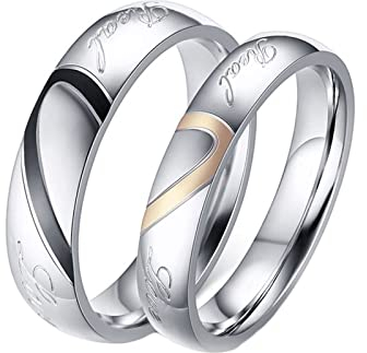Homxi Paarringe Gravur 2 Stück,Trauring Edelstahl Silber 4/5MM mit Rund Herz Puzzle Partnerringe Paar Damen 52 (16.6) + Herren 60 (19.1)