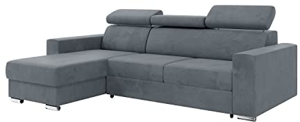 MEBLINI Schlafcouch mit Bettkasten - Ecksofa mit Schlaffunktion - Sofa mit Relaxfunktion und Kopfstützen - Couch L-Form - Eckcouch - Wohnlandschaft - Voss - 242x168x79cm Links - Grau Samt