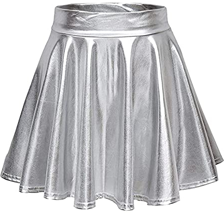 Damen Glänzendes flüssiges Metallic Plissee Flared Minirock Skaterrock A-Linie Mini-Skaterrock Rockabilly Tutu elastischen Rock Kurz Ballett Tanzkleid Ballkleid Karneval Kostüm Tutu (A04-Silver, L)