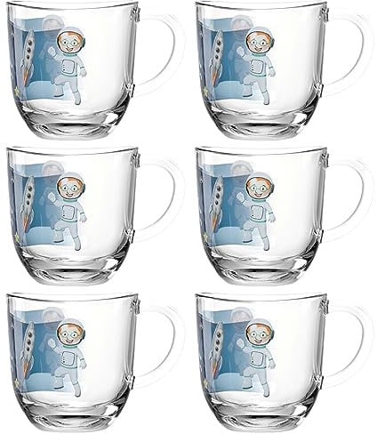 LEONARDO HOME Bambini Avventura Tassen-Set 6-teilig - Kinderbecher mit Motiv aus dickwandigem Glas - Inhalt 280 ml - mikrowellengeeignet, robust - 6er Set mit Motiv Weltall, 044415
