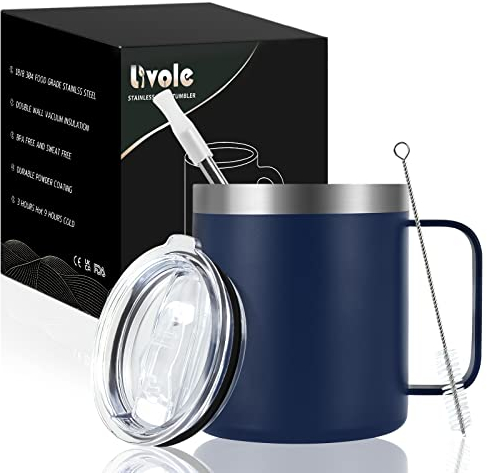 Livole Edelstahl Camping Becher, 12oz Trinkbecher mit Deckel und Strohhalm, Doppelwandig Thermotasse 350ml, Vakuum Thermobecher mit Henkel, Coffee to go Becher, Isolierter Outdoor Tasse, Navy Blau