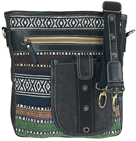 Sunsa Damen Umhängetasche. Tasche aus Canvas/Baumwolle. Crossbody Bag mit Streifen Design. Schultertasche mit Viele Fächer, 6 Liter (schwarz, M)