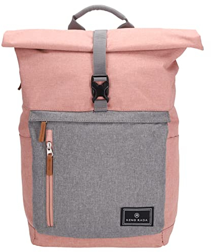 Kenorada Rucksack Whitney Roll-Up | moderner Tagesrucksack mit Rolltop | gepolstertes Laptopfach (bis 17) | verstellbare Schulterriemen | Zwei Außenfächer und Innenfach (rosa/grau)