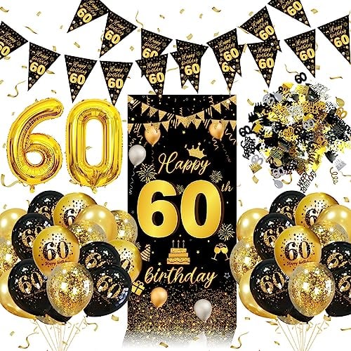 60 Geburtstag Deko,60. Geburtstag Männer Frauen Dekorationen Banner,Konfetti 60. Geburtstag Deko,60. Geburtstag Deko Lange Banner Hintergrund und Schwarz Gold,Geburtstagsdeko 60 Luftballons
