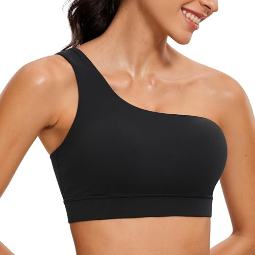 CRZ YOGA Butterluxe One Shoulder Sports Bras for Women - Sleeveless One Strap Low Impact Asymmetrical Workout Yoga Tops Black Medium