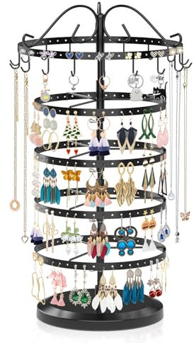 iDavosic.ly 5 Tier Rotating Earring Holder Organizer, 17 Hooks Metal Necklace Holder Stand, 228 Holes Adjustable Large Jewelry Tree Storage Bracelet Display Tower Rack for Women (Black)