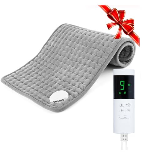Heizkissen 60x30 cm, Wärmekissen mit Automatischer Abschaltung, Sicherheits- elektrisch heizmatte für Rücken Nacken Schulter Bauch und Beine, 9 Temperaturstufen & 4 Timer, Maschinenwaschba, Hellgrau