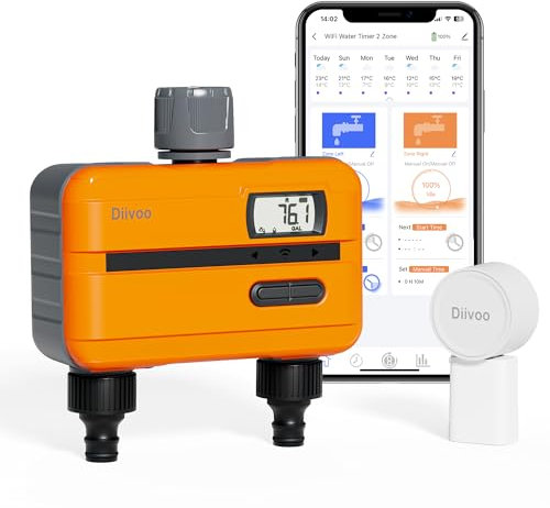 Diivoo Water Timer for Irrigation with Built-in Water Flow Meter, Sprinkler Timer 2 Outlets, Automatic Hose Tap Computer With Rain Delay/Auto&Manual Mode for Lawn