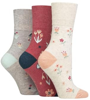 SockShop Gentle Grip Ladies Floral Spotted Patterned and Striped Honeycomb Top Cotton Socks in a Multipack of 3 Assorted Colours Size 4-8 Floral Memoir Coral/Cream/Grey