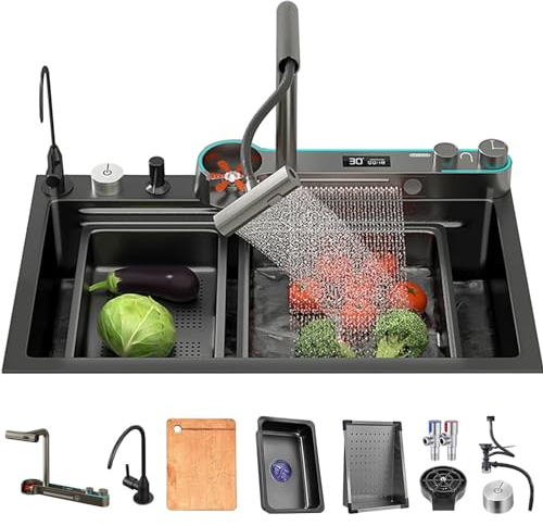 Fregadero de cocina Fregadero de cocina en cascada de acero inoxidable negro Fregadero con pantalla digital multifuncional con nuevo grifo de modo dual y múltiples accesorios (85x45x22CM)